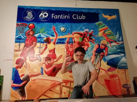 Alessandro Piras in the Studio: Behind me you can see the finished painting...enamels on wood ready to be hanged up outdoor.