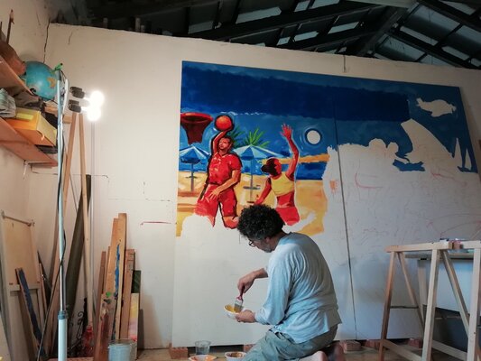 Alessandro Piras in the Studio: A client asked me a taylored large painting dealing with sports. Actually this 3x3 meters painting is quite complex but still very exciting to do.