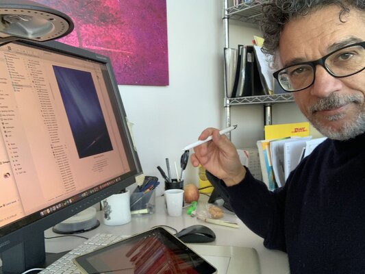 Alessandro Piras in the Studio: For my digital paintings I use tablet and a Power mac with professional Eizo monitor to check color correspondance.