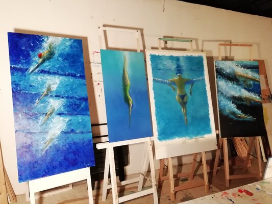 Alessandro Piras in the Studio: Some of my paintings dealing with swimming...Blue is so fascinating and creates a kind of addiction to me!