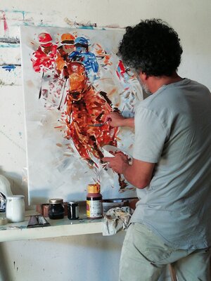 Alessandro Piras in the Studio: Here I am painting one of my artworks dealing with horse racing.