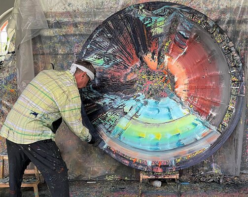Dietmar Brixy in the Studio: Creation Process: Tapestry Bamboo Bubble, 2023, Öl auf Nessel, 180 cm