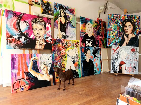 Bianca Lever in the Studio: My wall of fame and my approving dog Pippa.