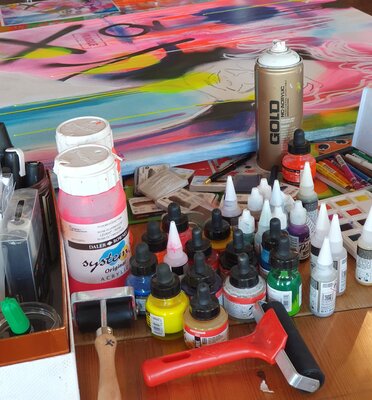 Bianca Lever in the Studio: One can never have enough art supplies as a mixed media painter!