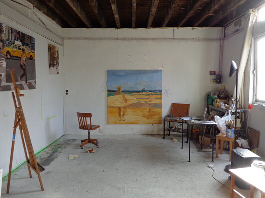 Angie Brooksby-Arcangioli in the Studio: My atelier at La Fabrique in Ivry Sur Seine, The surfer was a commission 150x150cm