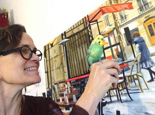 Angie Brooksby-Arcangioli in the Studio: Me with my budgie, Chicken. He loved to sit on my paintbrush while I worked.