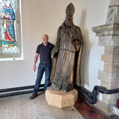 Barry Davies RCA in the Studio: Installing my statue of Bishop William Morgan 1645 - 1703, hand carved from a single oak tree trunk.