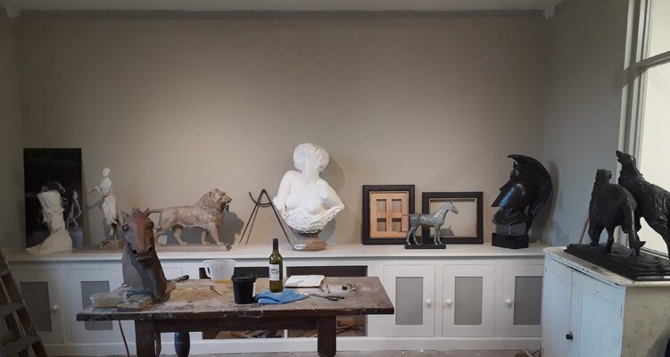Barry Davies RCA in the Studio: Preparing to chemically patinate a bronze casting of a horse's head.