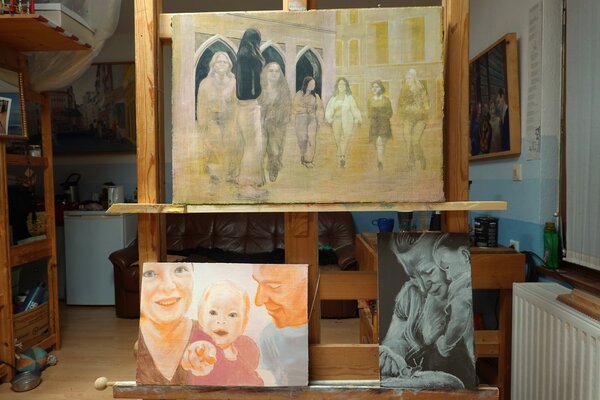 Christoph Fischer in the Studio: momentan im Entstehen begriffene Bilder