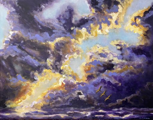 Anne-Tjerk Mante in the Studio: 'Wild cloudy skies with three cranes' (2024, acrylic on linen, 70X90cm)