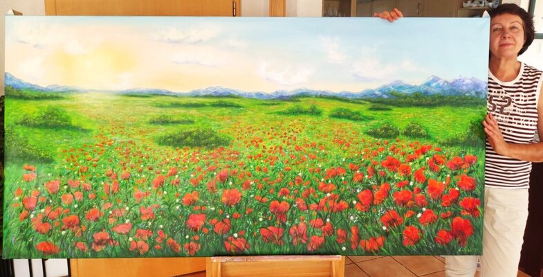 Ludmilla Ukrow in the Studio: My largest oil painting" Sunrise on the poppy field" 200cm x 100cm ( 80inch x 40 inch)