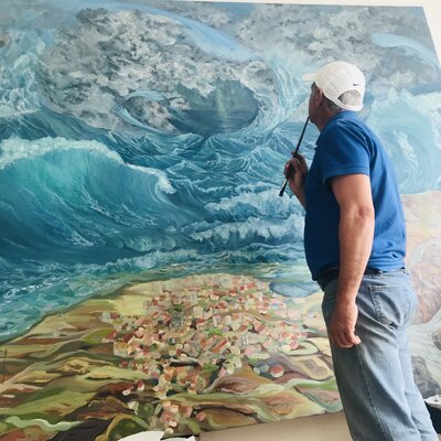 Pintor Nicolas in the Studio: The last strokes and end of the work on “Tsunami, ultimatum” size 230x200 cm