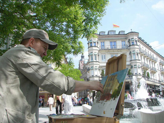 Dmitry Spiros in the Studio: Baden baden (Germany) process of work -  oil painting on the street