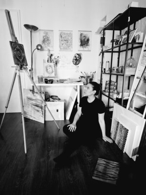 Rim Elias in the Studio: me thinkin how shall this painting be finished?