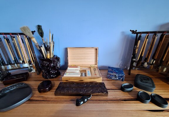 Arlo Mercia in the Studio: Some of my collection inks, inkstones and brushes.