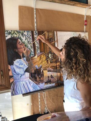 Emma Ramírez Conde in the Studio: At the studio painting.
