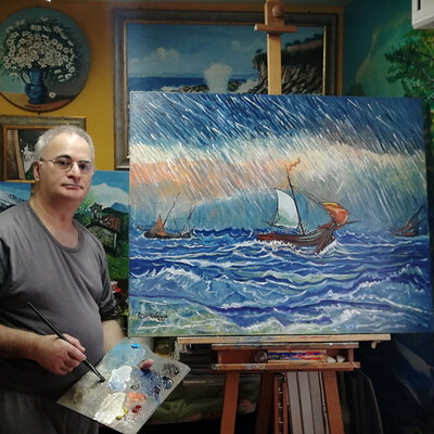 Pietro Dell'Aversana in the Studio: al lavoro nel mio studio, sul cavalletto l'opera dipinta alla ricerca di nuovi mondi, olio a spatola su tela gallery cm. 100x80x4