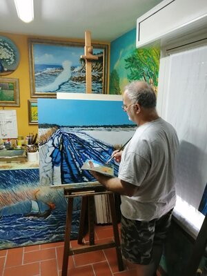 Pietro Dell'Aversana in the Studio: al lavoro nel mio studio, sul cavalletto paesaggio invernale olio su tavola