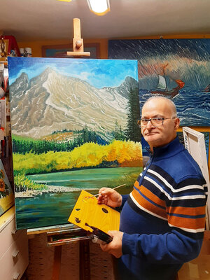 Pietro Dell'Aversana in the Studio: Al lavoro nel mio studio, paesaggio lombardo olio a spatola su tela gallery cm. 100x80x4, Artista Pietro Dell'Aversana