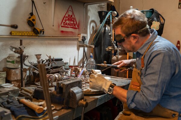 Heinrich Filter in the Studio: soldering - assembling part of a bronze sculpture