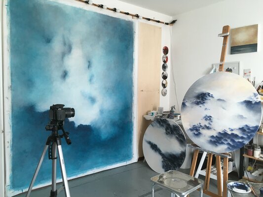 Francesca Borgo in the Studio: My studio in late December 2021 - a commissione work in progress, and two tondos ready for high resolution photos