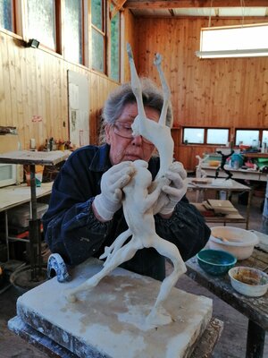 Maureen Quin in the Studio: Maureen Quin modelling "Unity".