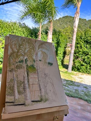 Sonja Kalmanfi in the Studio: My summer studio at Punta Licosa, Cilento, where the ongoing series “Cape of the Sirens” has been developing since 2023.