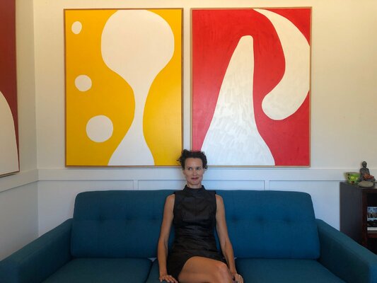 Kerry Campbell in the Studio: artworks on the wall in my studio, sitting on the couch