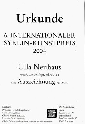 Ulla M. Neuhaus in the Studio: Syrlin Kunstpreis 2004, Urkunde, Preisverleihung im Rathaus von Stuttgart