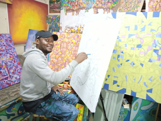 Angu Walters in the Studio: Artist Angu Walters in his studio in Bamenda, Cameroon, Central Africa.