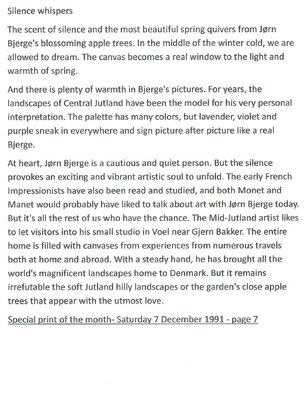 Joern Bjerge in the Studio: Review of the painter Joern Bjerge's work in 7 Danish journals spread in Denmark..