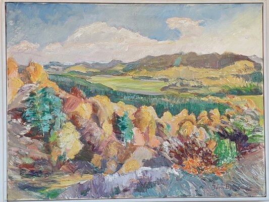 Joern Bjerge in the Studio: The motive 'Gjern ådal* or *Valley of Gjern* was chosen for the big painting above in  the  party room of SØHØJLANDET, Silkeborg, Denmark.