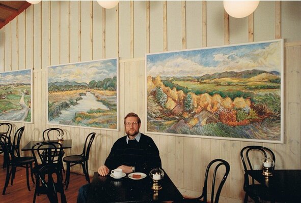 Joern Bjerge in the Studio: Resort Landal SØHØJLANDET, 8883 Gjern, Denmark, has ordered  4 lokal motifs  in 1991, made by artist Joern Bjerge. Total price DKK 50 000 or € 6 666.