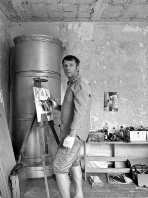 Peteris Lidaka in the Studio: Captured in the summer of 2024 during a plein air painting session in the Latvian countryside.
