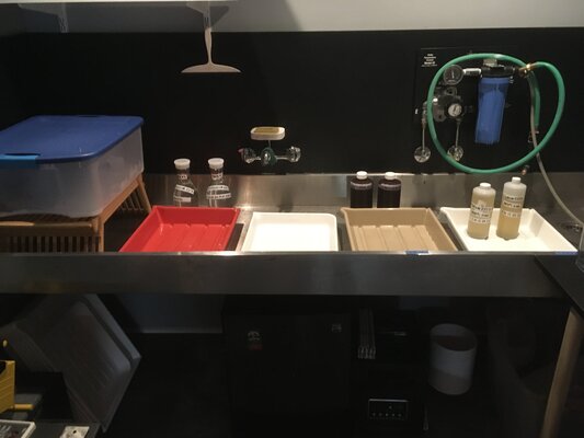 Mark LaRiviere in the Studio: This is the wet chemistry sink where I process the contact prints in a series of clearing baths that wash away the unexposed metal salts.