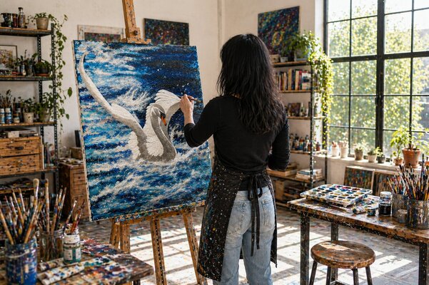Maria Elena Di Lascio in the Studio: Fluid Art -ultimi ritocchi a pennello