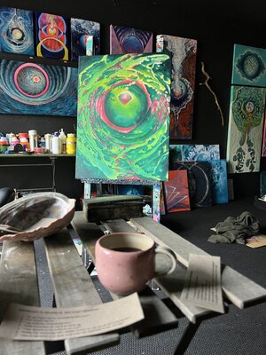 Mattie Rasmussen in the Studio: Here on the sofa in my studio, it’s a good place to sit while I wait for further inspiration in the painting process.
