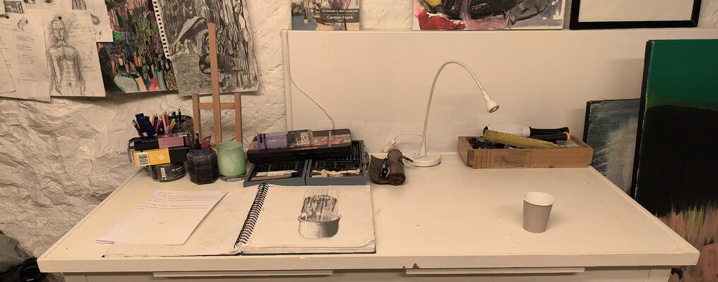 Joackim Schou Dahle in the Studio: Here I sit, updating Singulart or doing other tasks like drawing.