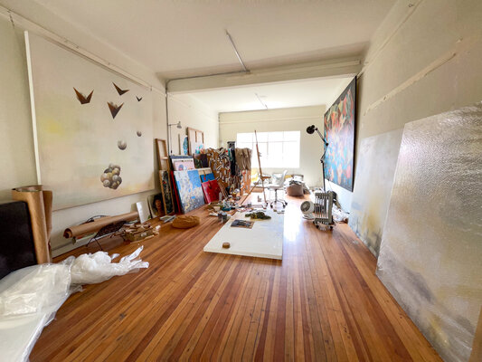 Begoña Colomar in the Studio: Studio showcasing Albedo on the left, freshly delivered mounted work A Wonder And A Light Series