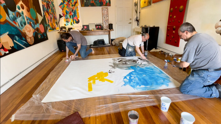 Begoña Colomar in the Studio: First brushstrokes layed down for collaborative piece with artists, Eduardo Caamaño, Rodrigo Ayala and Manuel Mujica