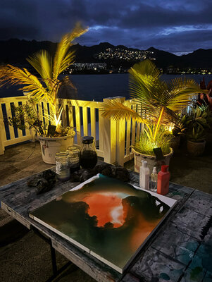 Anika Kuntze in the Studio: My outside studio at night in Hawaii Kai