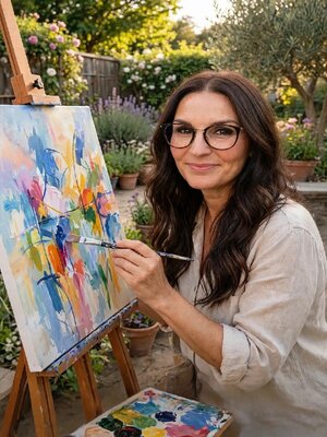 Margarethe von Billow in the Studio: Margarethe von Billow painting in the garden.