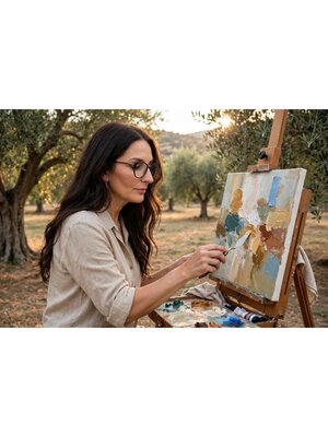 Margarethe von Billow in the Studio: Margarethe von Billow painting in Italy.