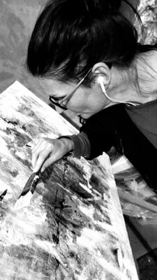 Margarethe von Billow in the Studio: Margarethe von Billow working on an abstract.