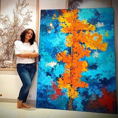 Sonali Sihi in the Studio: My Dubai Art World Show 2025 before being shipped for display
