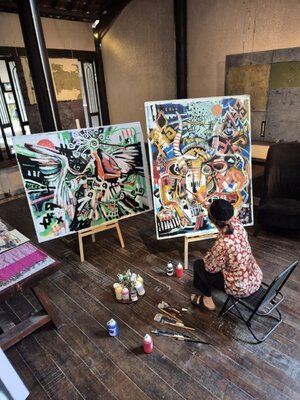 Olzhas Issan in the Studio: "In this setting, amidst the tropical light and architecture inspired by the Marble Mountains and the ocean, Olzhas brings to life his new series of large-scale canvases."
