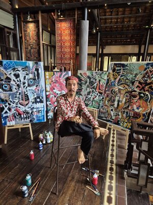 Olzhas Issan in the Studio: "Currently, the artist's creative process is centered at his residence - MyChi Art Village in Da Nang, Vietnam. This space, captured in his studio photographs, serves not merely as a workshop but as a living laboratory of meanings. Here, amidst the t