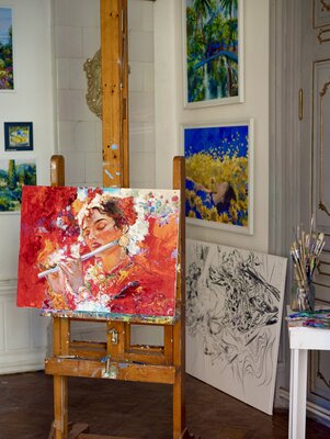 Nazila Farzullayeva in the Studio: An original artwork displayed in the artist’s studio, surrounded by other works in progress and artistic materials.