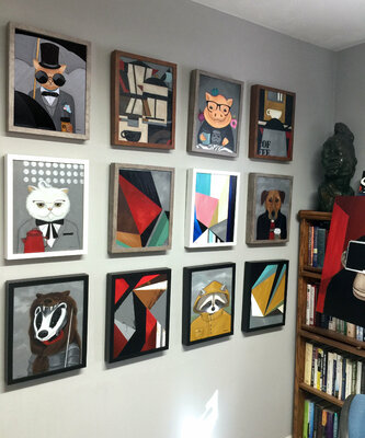 Ilaamen Pelshaw in the Studio: Gallery wall in my studio (These paintings are 11" x 14")