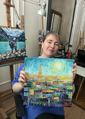 Mona Edulesco in the Studio: Mona Edulesco in her studio with two commissioned oil paintings